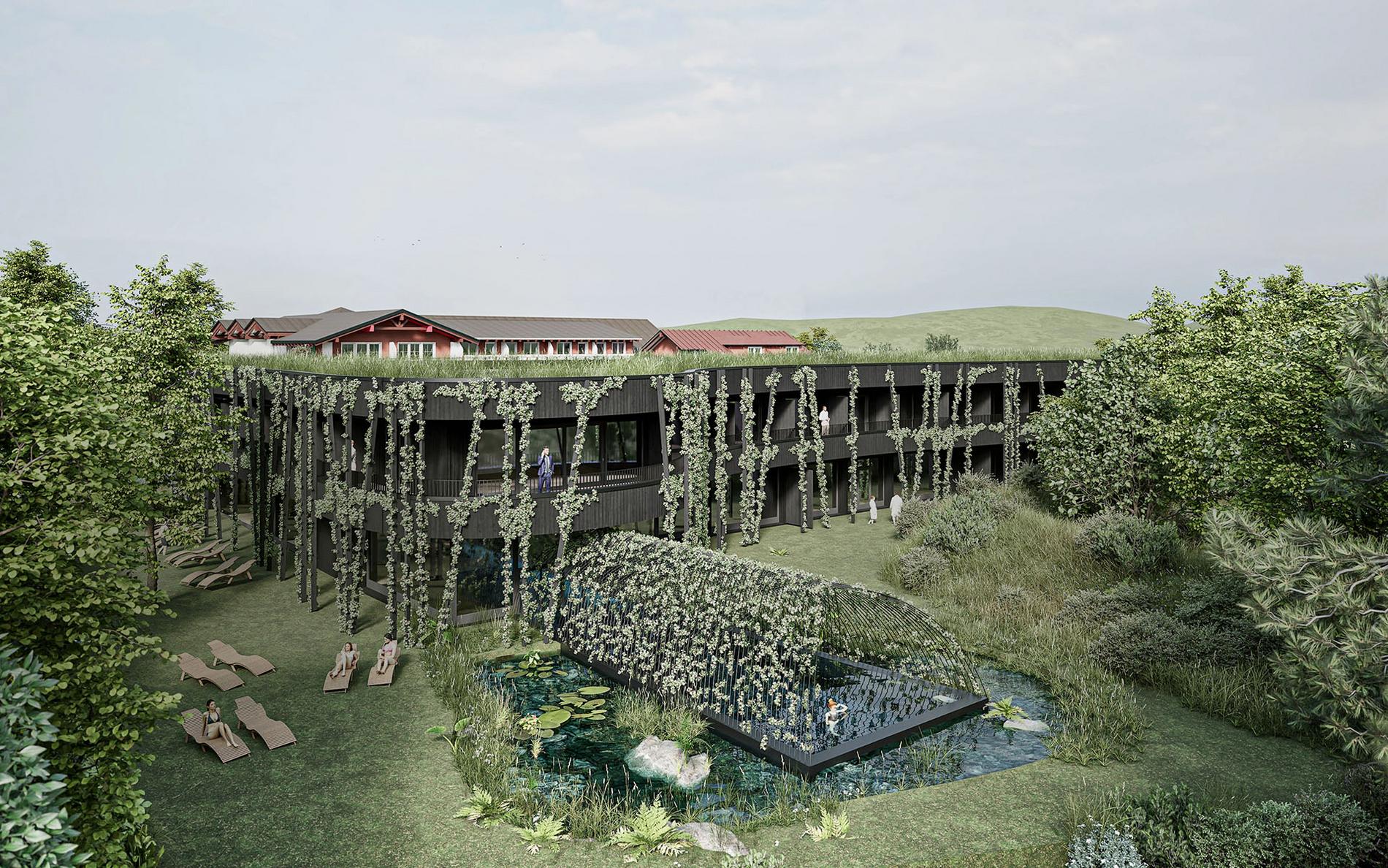 Außenansicht Hotel Fanny Allgäu mit Naturpool und Garten