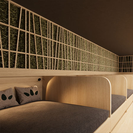 Ruheraum mit Heuwand und gemütlichen Liegeflächen im Spa