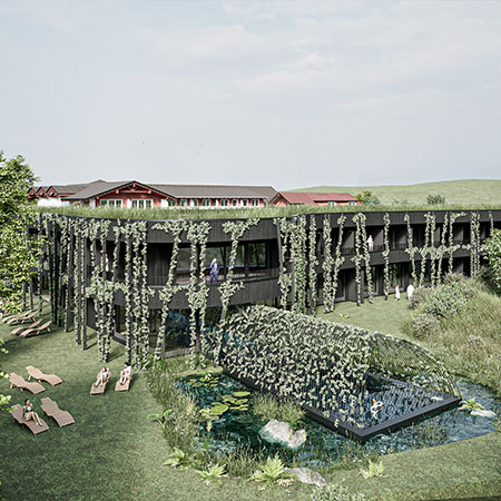 Moderne Hotelanlage mit Naturpool und Garten