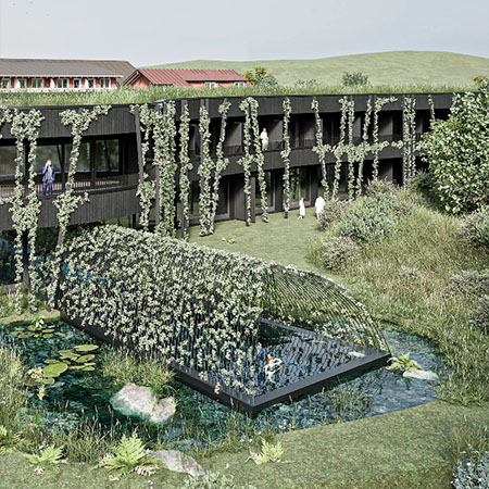 Begrünte Fassade des Hotels fanny Allgäu