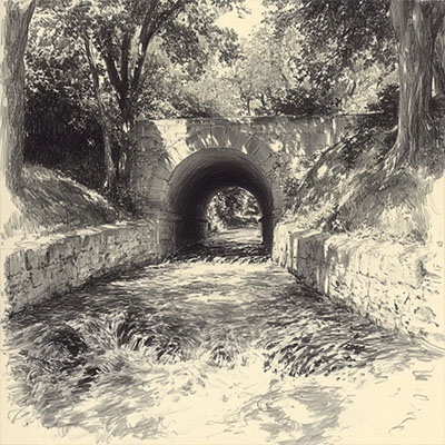 Historische Zeichnung einer Brücke über einem Bach