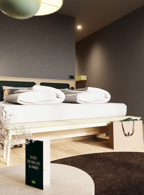Modernes Doppelzimmer mit Bett und warmem Licht