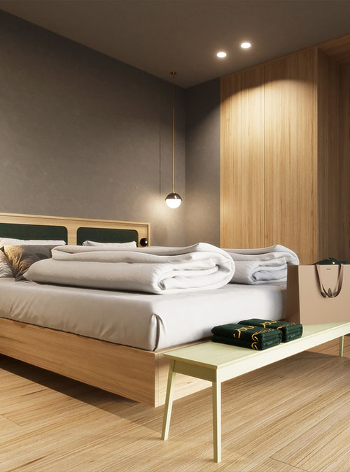 Moderne Suite mit Doppelbett und warmem Licht