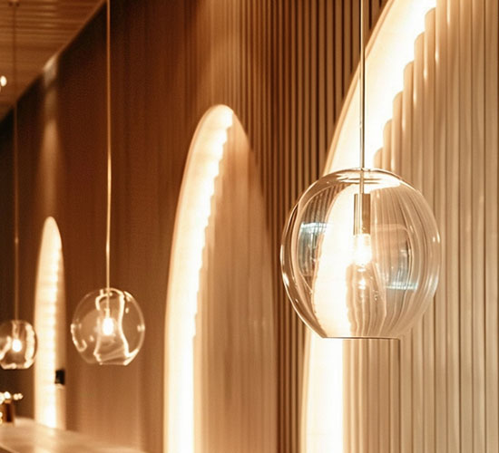 Stimmungsvolle Lampen im Wellnessloungebereich