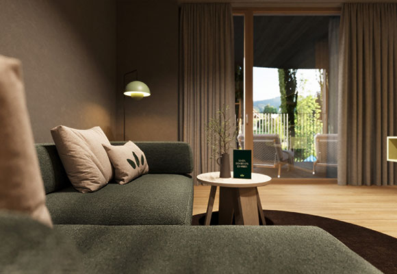 Modernes Doppelzimmer mit Balkon und warmem Abendlicht