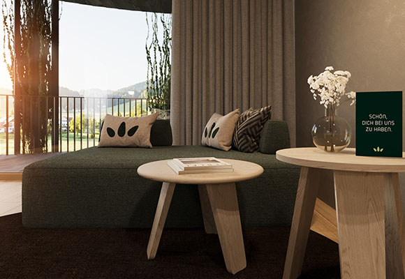 Doppelzimmer mit Balkon, Sitzbereich und Blick auf die Landschaft