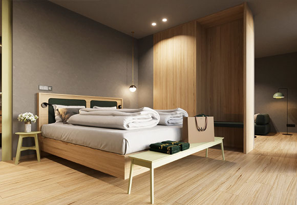 Große Suite mit modernem Bett, Holzdetails und offener Raumgestaltung