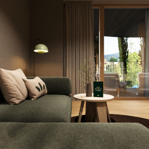 Modernes Doppelzimmer mit Bett und Wohnbereich