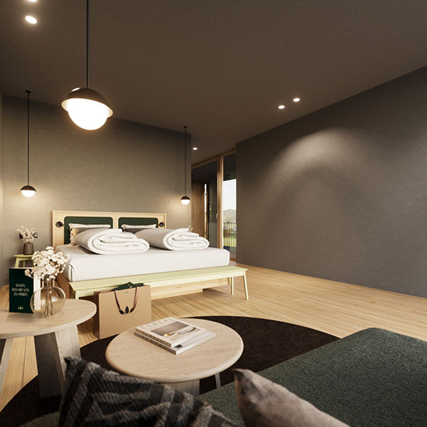Himmelbett aus Holz mit Vorhängen und Decken