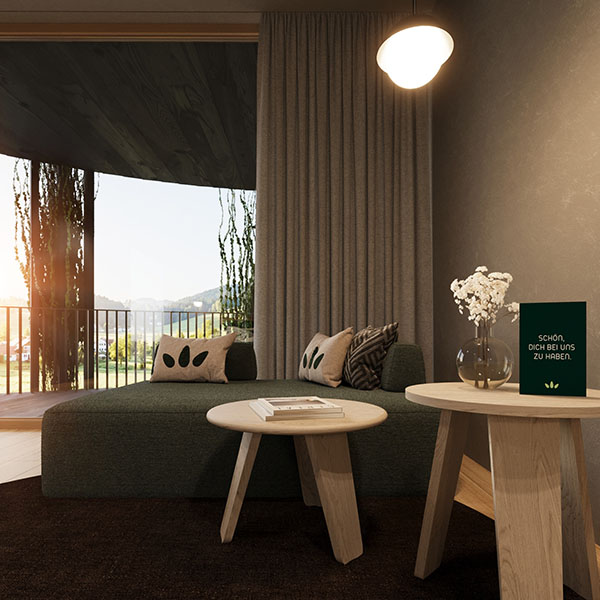 Modernes Doppelzimmer mit Bett und minimalistischem Design
