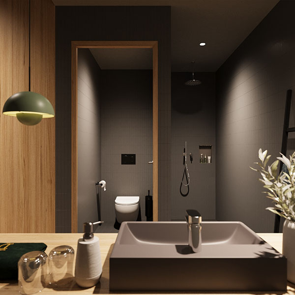 Badezimmer mit Waschbecken, Spiegel und Ablage