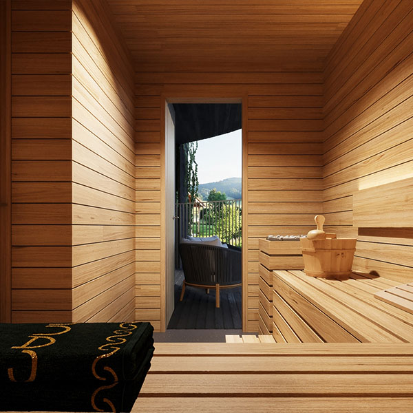 Private Holzsauna mit Blick nach draußen