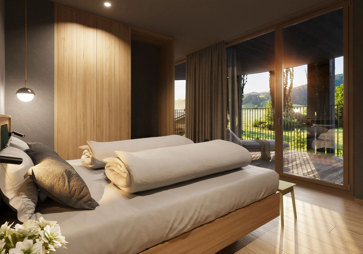 Helles Doppelzimmer mit Holzdesign und Balkon im Hotel