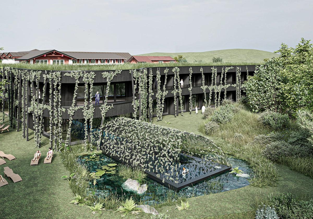 Außenanlage des Hotels mit Naturpool, Garten und moderner Architektur